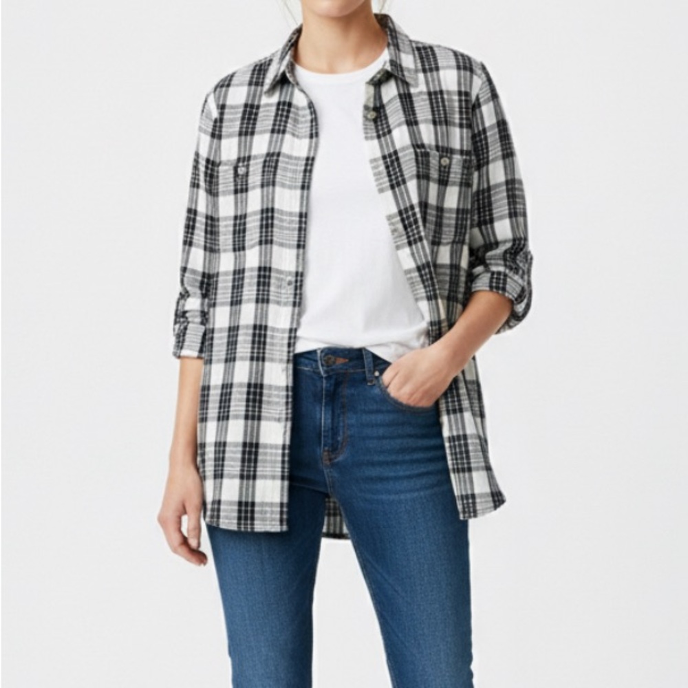 Duluth Trading Co Black & White Plaid Flannel Women's Button Down Top - Size XL